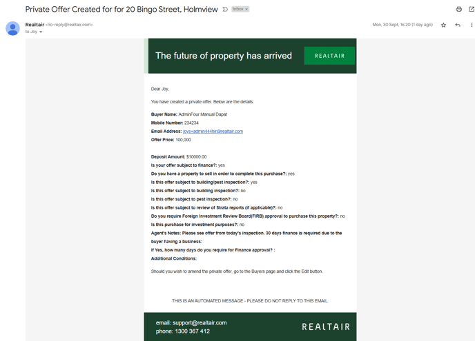 2024_Realtair_Sell_Private offer notification email
